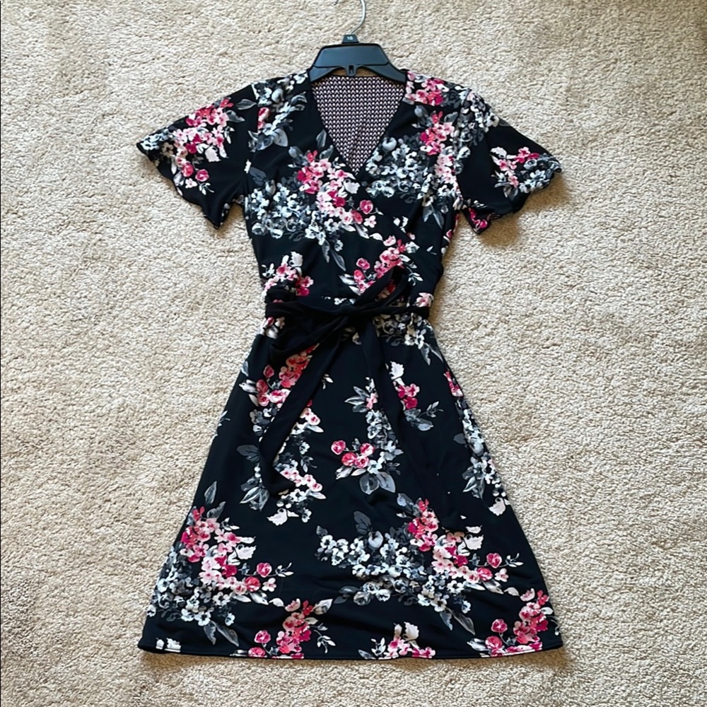 Floral Midi Dress - Pink and Black